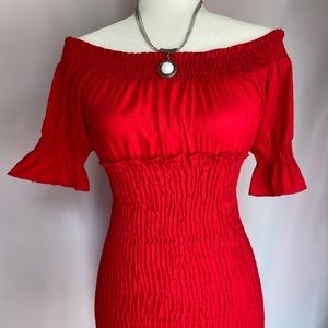 Red Smocked Off The Shoulder Dress